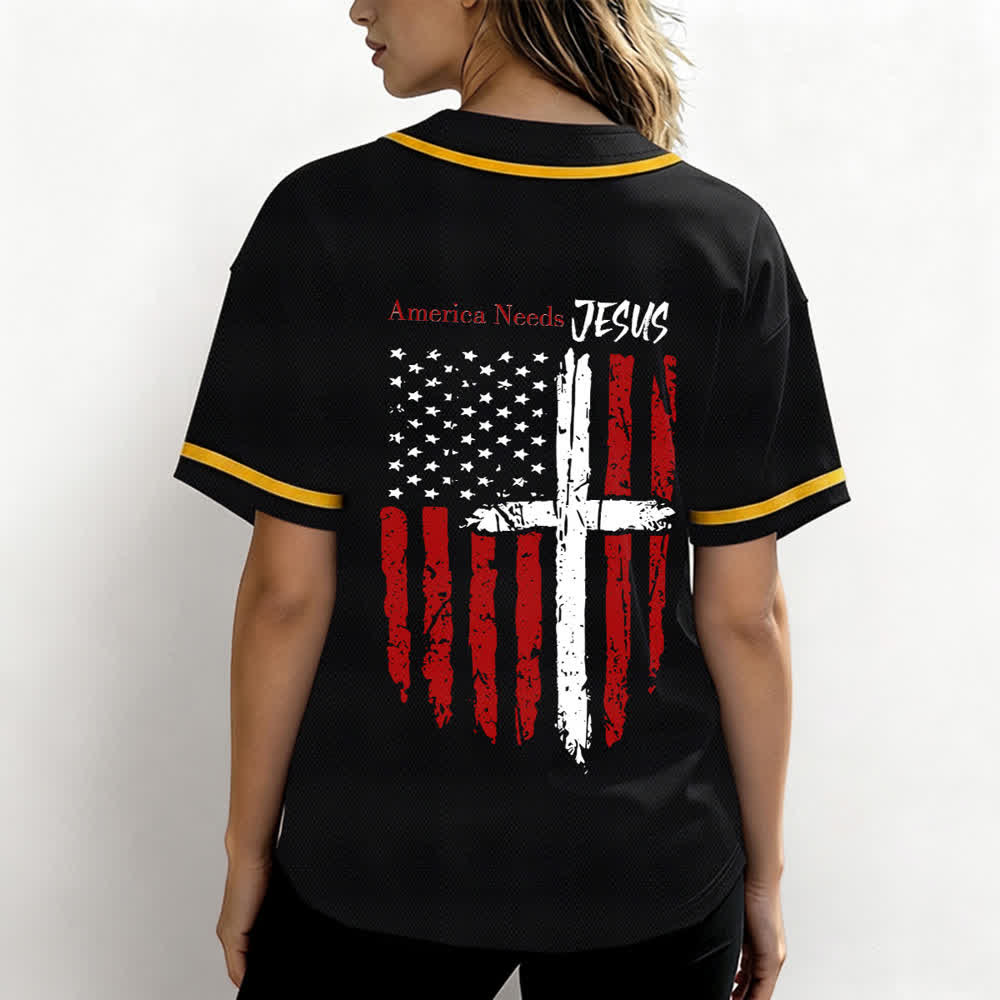 Christianartworkshop Baseballtrikot mit Flaggenmotiv und Knöpfen im Used-Look, Amerika braucht Jesus - image 3