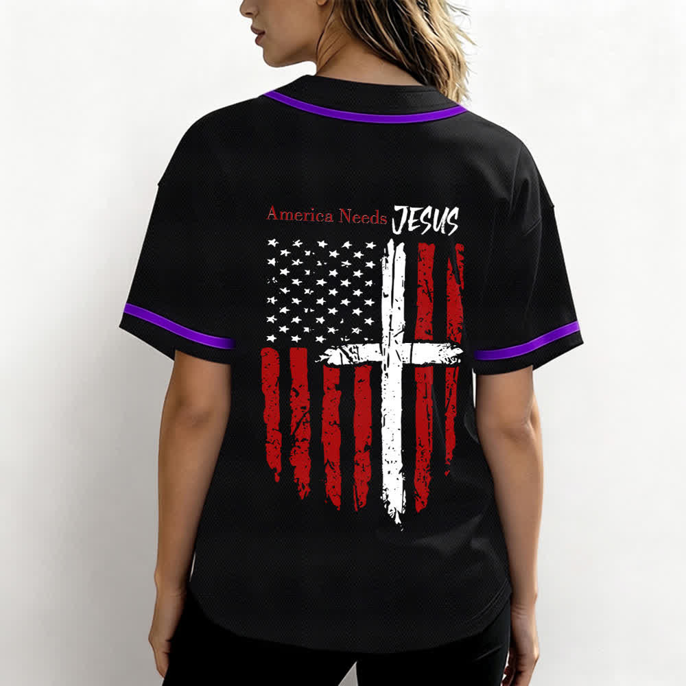 Christianartworkshop Baseballtrikot mit Flaggenmotiv und Knöpfen im Used-Look, Amerika braucht Jesus - image 59
