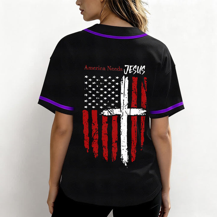 Christianartworkshop Baseballtrikot mit Flaggenmotiv und Knöpfen im Used-Look, Amerika braucht Jesus - image 59