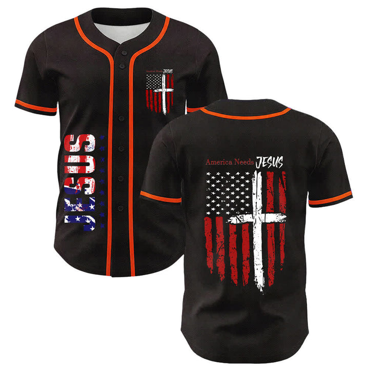Christianartworkshop Baseballtrikot mit Flaggenmotiv und Knöpfen im Used-Look, Amerika braucht Jesus - Orange - 5XL - image 21