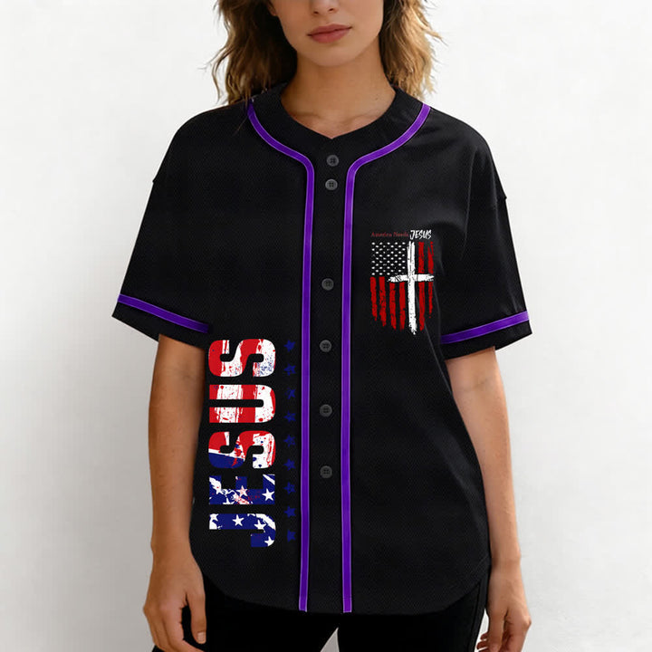 Christianartworkshop Baseballtrikot mit Flaggenmotiv und Knöpfen im Used-Look, Amerika braucht Jesus - image 60
