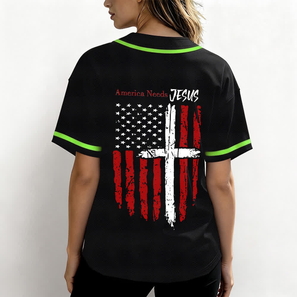 Christianartworkshop Baseballtrikot mit Flaggenmotiv und Knöpfen im Used-Look, Amerika braucht Jesus - image 38