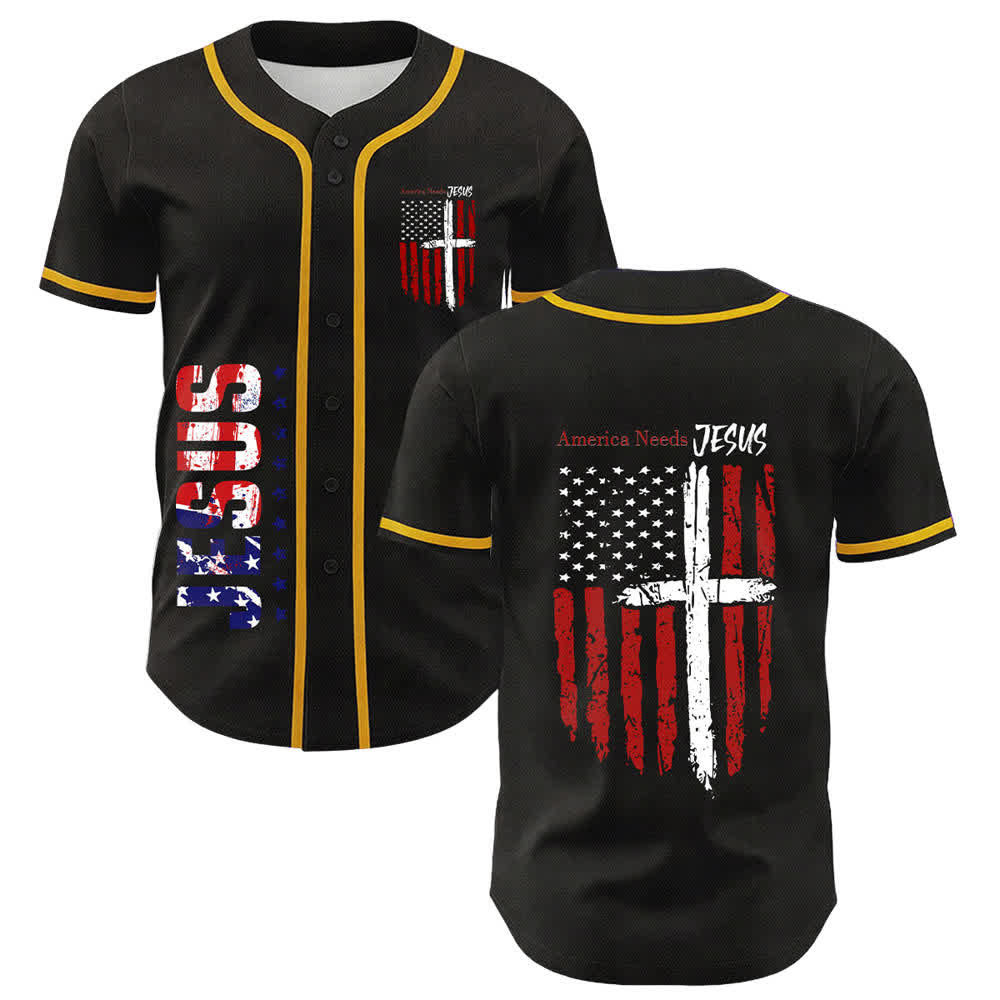 Christianartworkshop Baseballtrikot mit Flaggenmotiv und Knöpfen im Used-Look, Amerika braucht Jesus - Gelb - 5XL - image 0