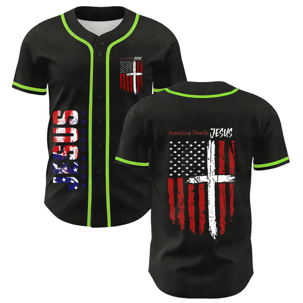 Christianartworkshop Baseballtrikot mit Flaggenmotiv und Knöpfen im Used-Look, Amerika braucht Jesus - image 35