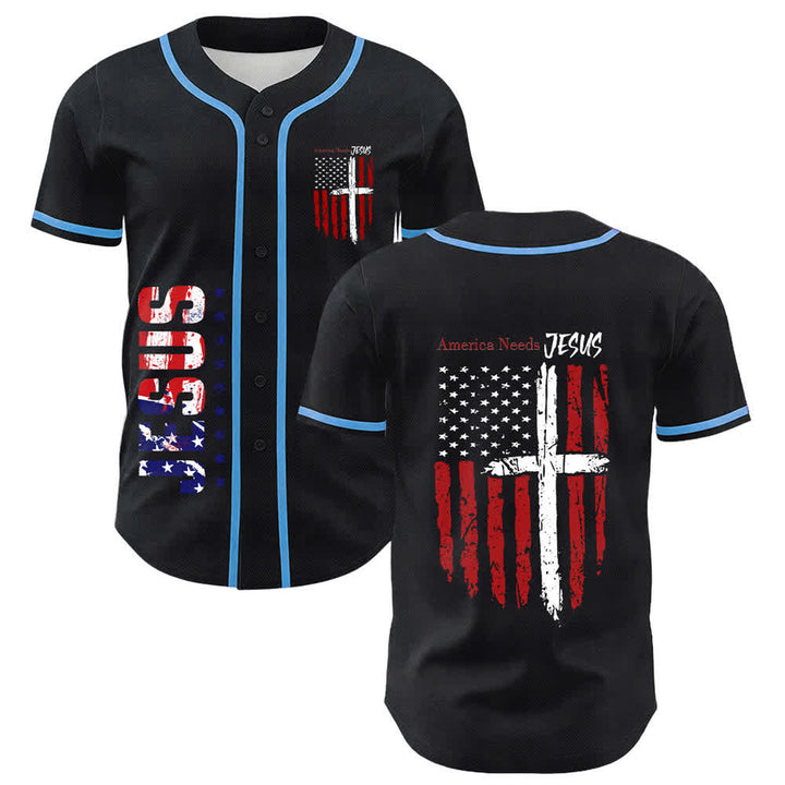 Christianartworkshop Baseballtrikot mit Flaggenmotiv und Knöpfen im Used-Look, Amerika braucht Jesus - Himmelblau - 5XL - image 28
