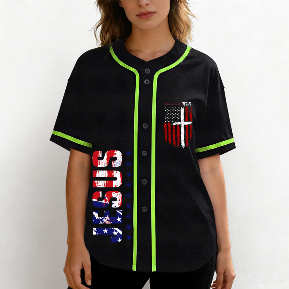 Christianartworkshop Baseballtrikot mit Flaggenmotiv und Knöpfen im Used-Look, Amerika braucht Jesus - image 39