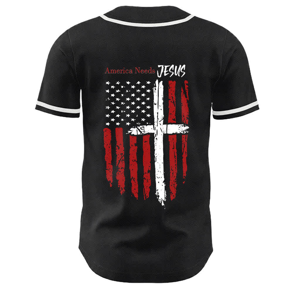 Christianartworkshop Baseballtrikot mit Flaggenmotiv und Knöpfen im Used-Look, Amerika braucht Jesus - image 8