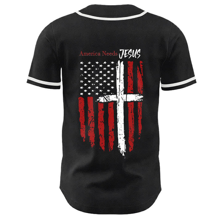Christianartworkshop Baseballtrikot mit Flaggenmotiv und Knöpfen im Used-Look, Amerika braucht Jesus - image 8