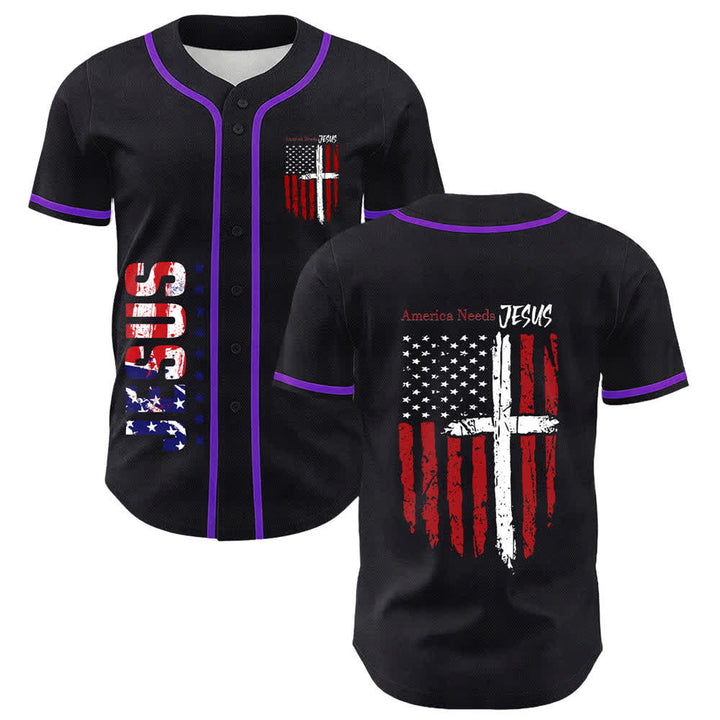 Christianartworkshop Baseballtrikot mit Flaggenmotiv und Knöpfen im Used-Look, Amerika braucht Jesus - image 56