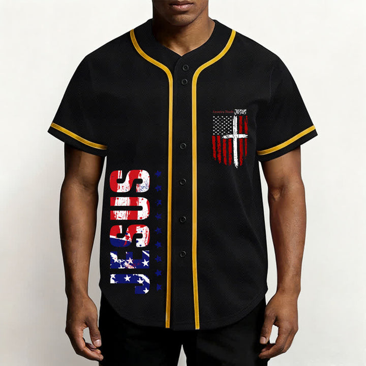 Christianartworkshop Baseballtrikot mit Flaggenmotiv und Knöpfen im Used-Look, Amerika braucht Jesus - image 6