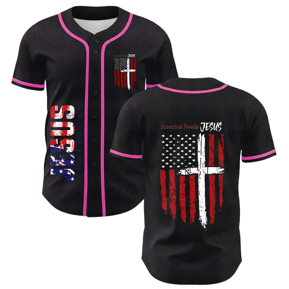 Christianartworkshop Baseballtrikot mit Flaggenmotiv und Knöpfen im Used-Look, Amerika braucht Jesus - Rosa - 5XL - image 49