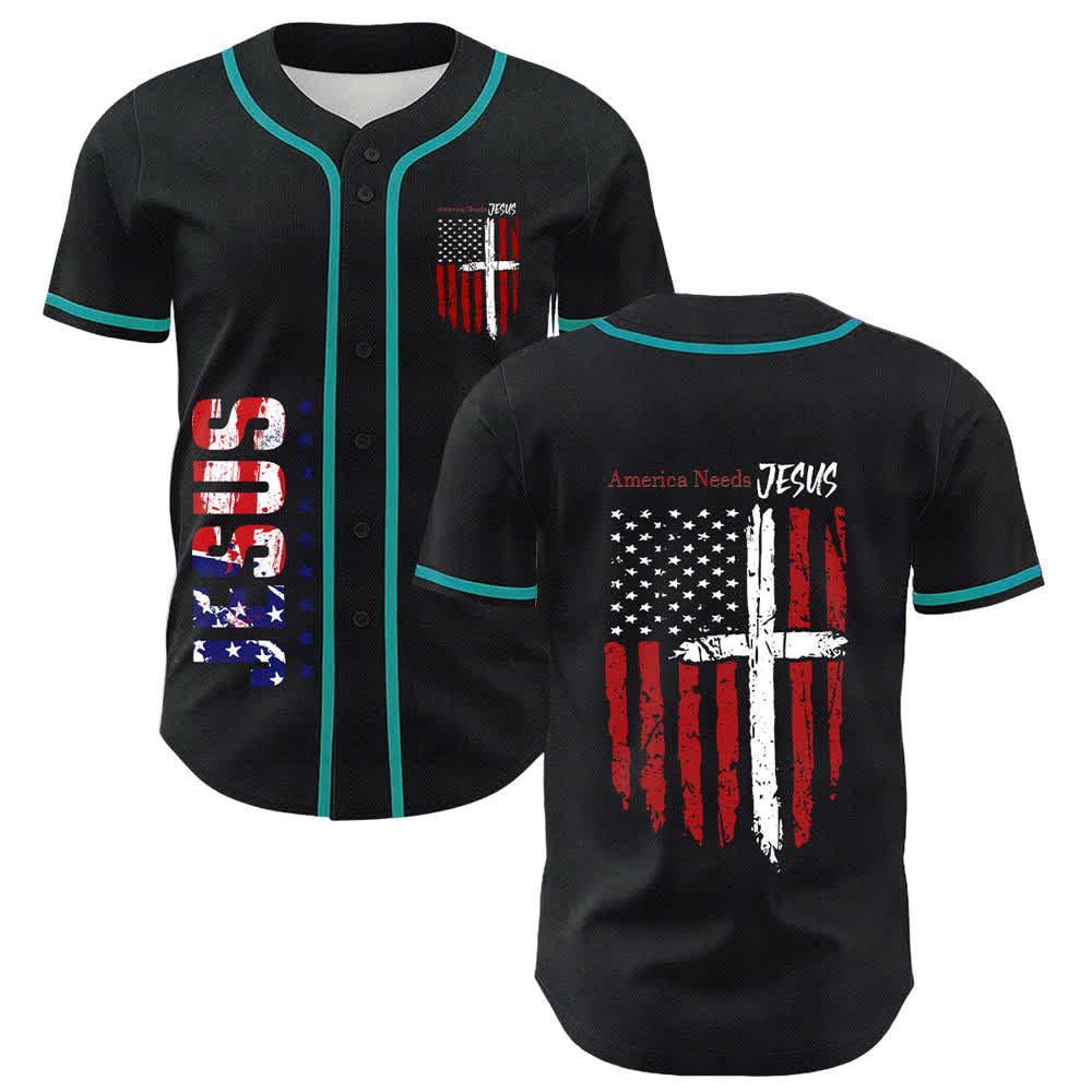 Christianartworkshop Baseballtrikot mit Flaggenmotiv und Knöpfen im Used-Look, Amerika braucht Jesus - Lake Blue - 5XL - image 42