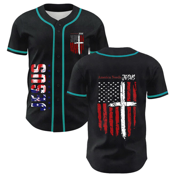 Christianartworkshop Baseballtrikot mit Flaggenmotiv und Knöpfen im Used-Look, Amerika braucht Jesus - Lake Blue - 5XL - image 42