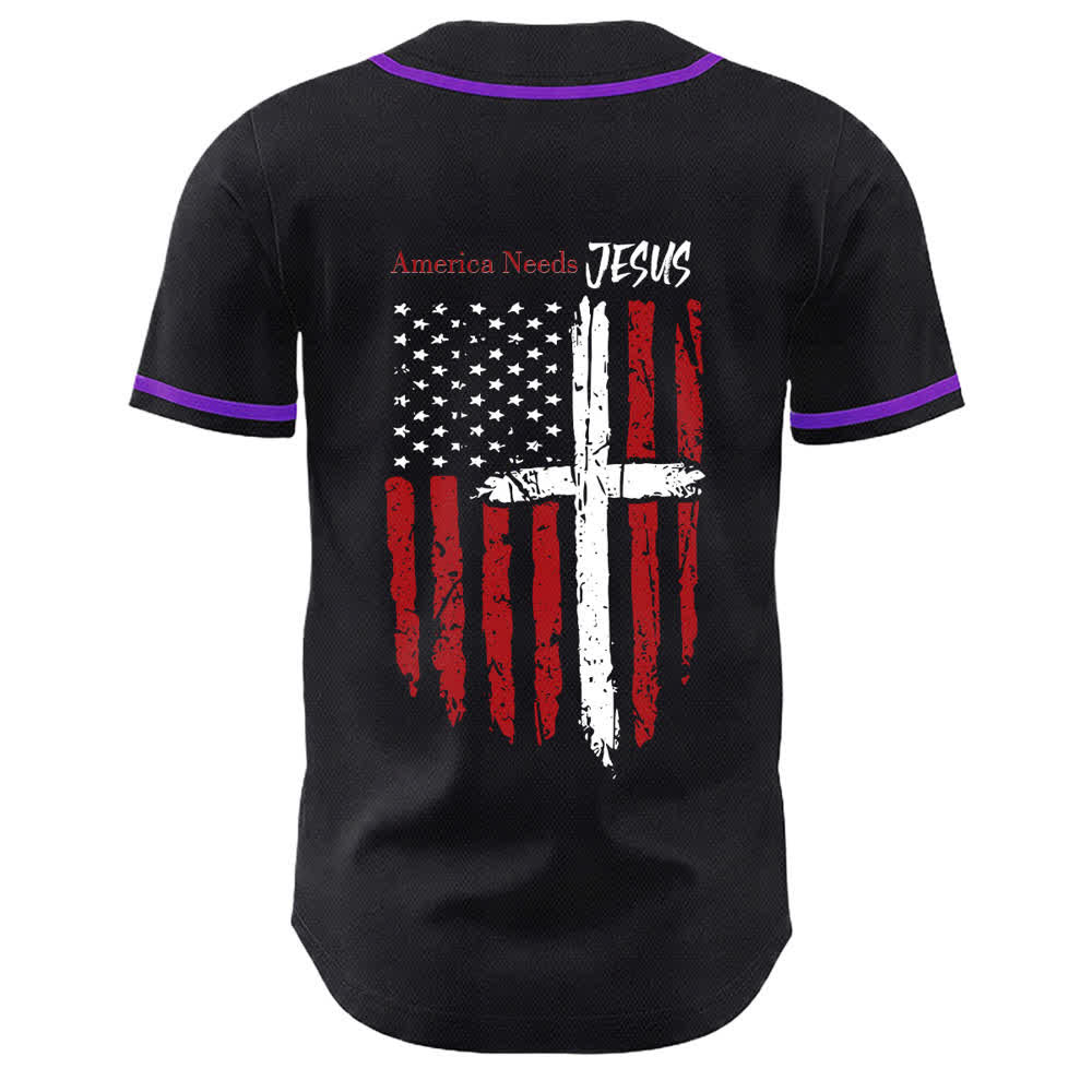 Christianartworkshop Baseballtrikot mit Flaggenmotiv und Knöpfen im Used-Look, Amerika braucht Jesus - image 57