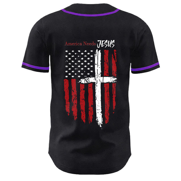 Christianartworkshop Baseballtrikot mit Flaggenmotiv und Knöpfen im Used-Look, Amerika braucht Jesus - image 57