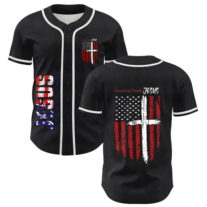 Christianartworkshop Baseballtrikot mit Flaggenmotiv und Knöpfen im Used-Look, Amerika braucht Jesus - Lila - 5XL - image 7