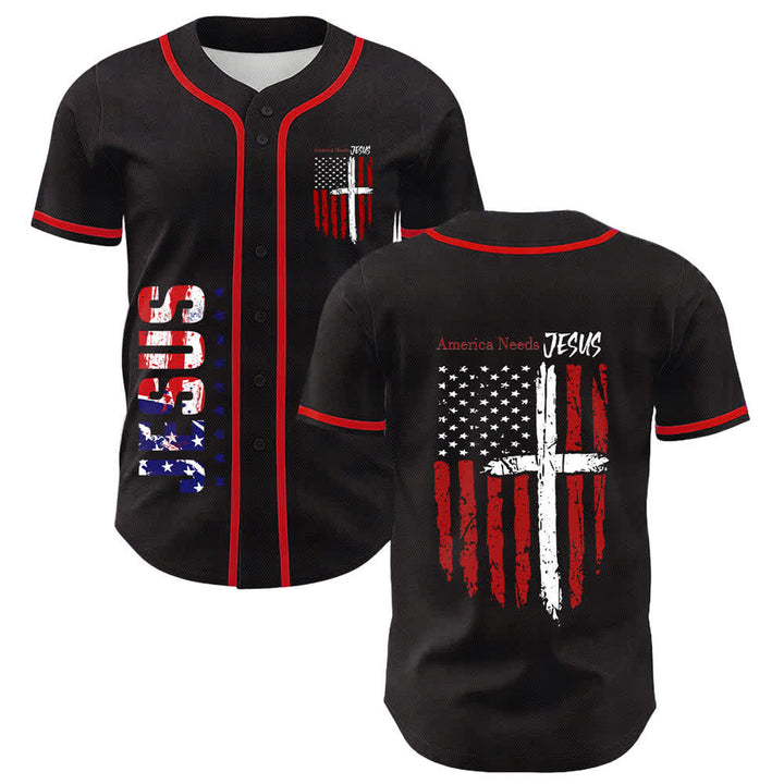 Christianartworkshop Baseballtrikot mit Flaggenmotiv und Knöpfen im Used-Look, Amerika braucht Jesus - Rot - 5XL - image 14