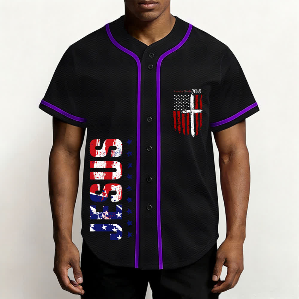 Christianartworkshop Baseballtrikot mit Flaggenmotiv und Knöpfen im Used-Look, Amerika braucht Jesus - image 62