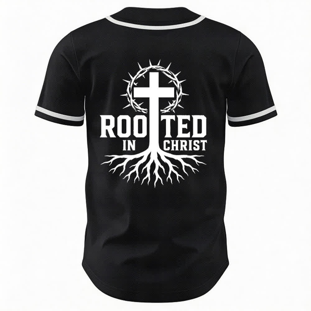 Christianartworkshop Rooted In Christ Schwarzes Baseballtrikot mit Knöpfen - image 1
