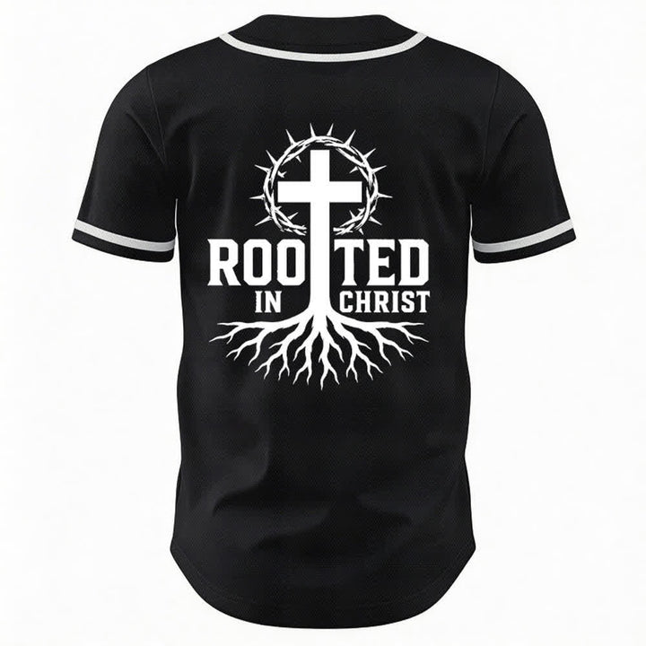 Christianartworkshop Rooted In Christ Schwarzes Baseballtrikot mit Knöpfen - image 1