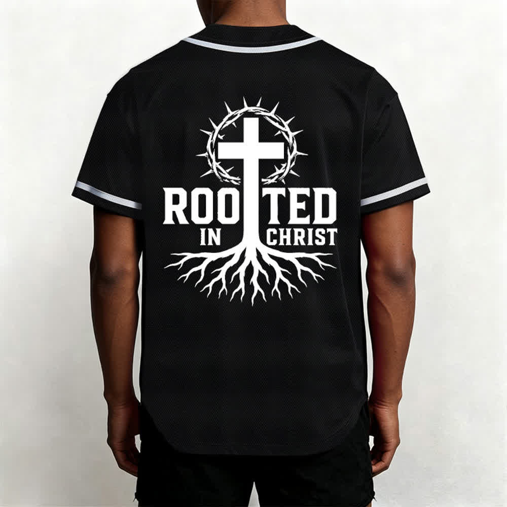 Christianartworkshop Rooted In Christ Schwarzes Baseballtrikot mit Knöpfen - image 5