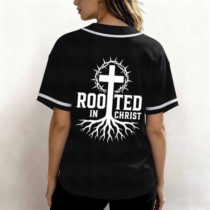 Christianartworkshop Rooted In Christ Schwarzes Baseballtrikot mit Knöpfen - image 3