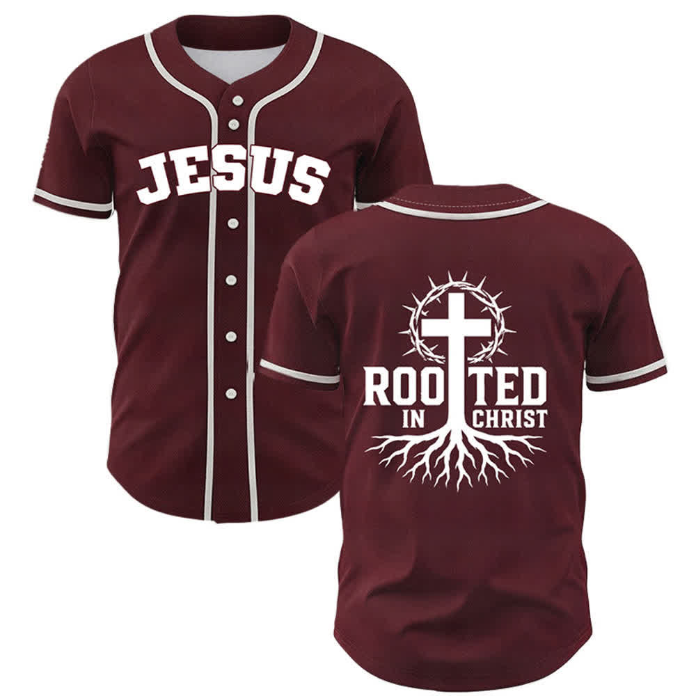 Christianartworkshop Rooted In Christ Schwarzes Baseballtrikot mit Knöpfen - Wein - 5XL - image 14