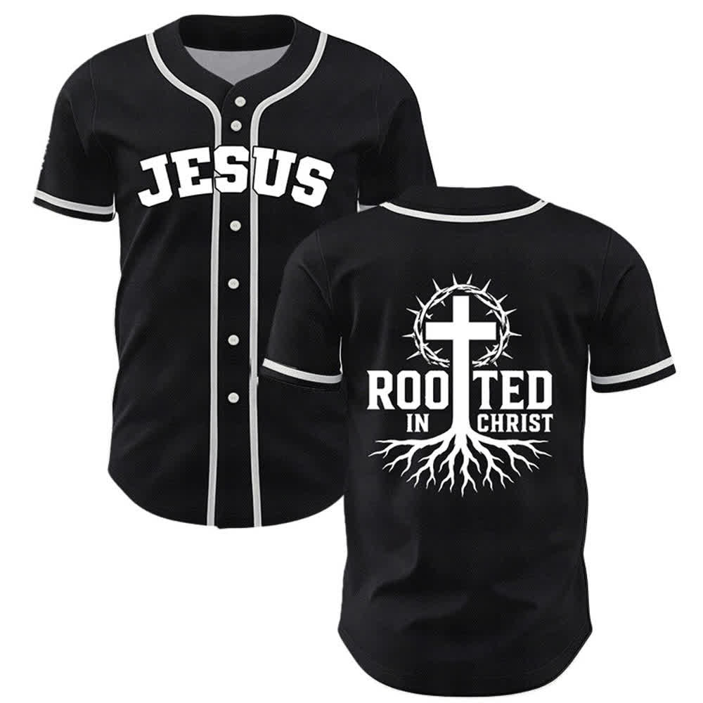 Christianartworkshop Rooted In Christ Schwarzes Baseballtrikot mit Knöpfen - Schwarz - 5XL - image 0