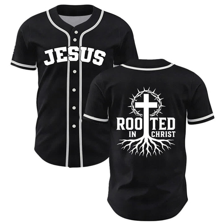 Christianartworkshop Rooted In Christ Schwarzes Baseballtrikot mit Knöpfen - Schwarz - 5XL - image 0