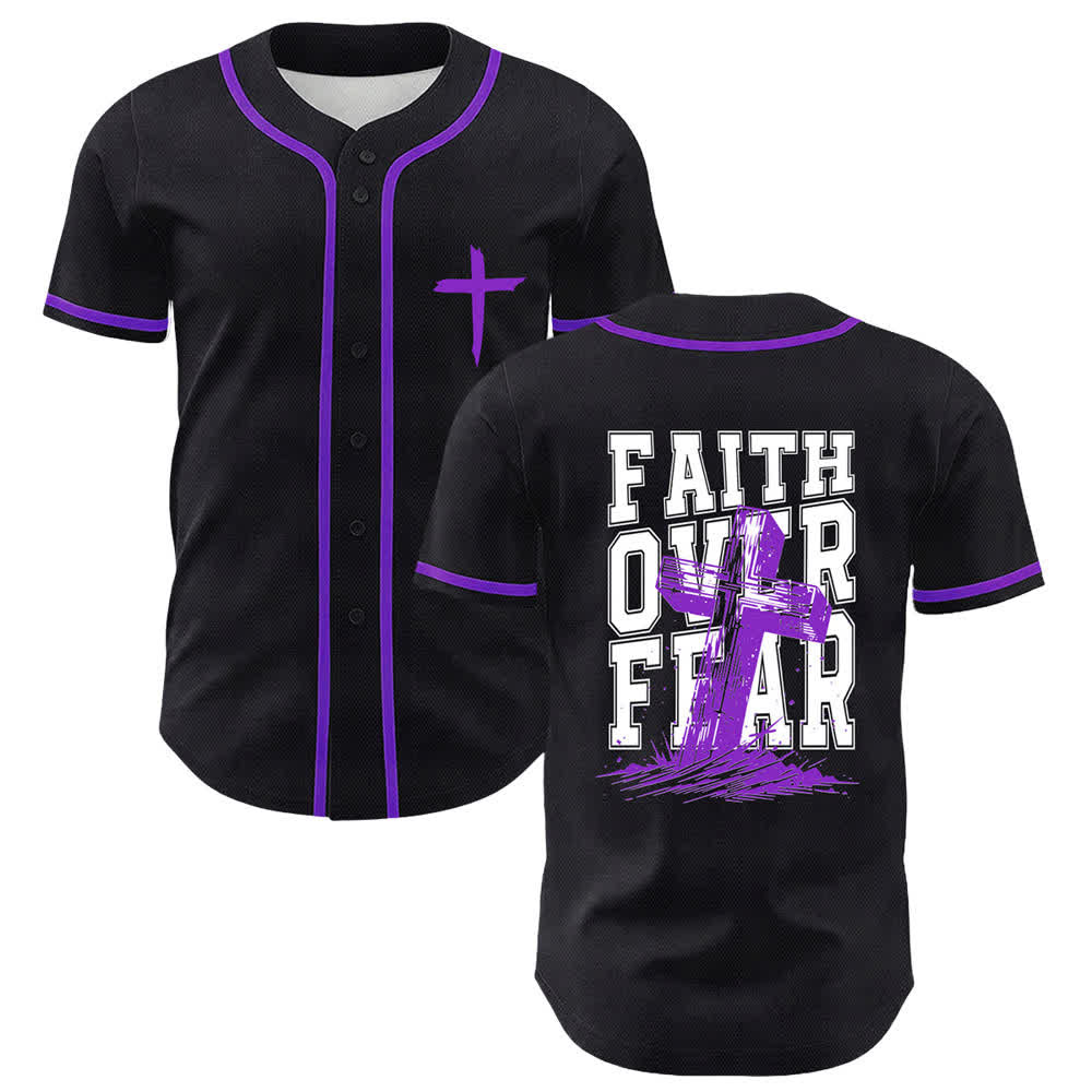 Christianartworkshop Baseballtrikot mit kontrastfarbenem Besatz: Glaube statt Angst - Lila - 5XL - image 49