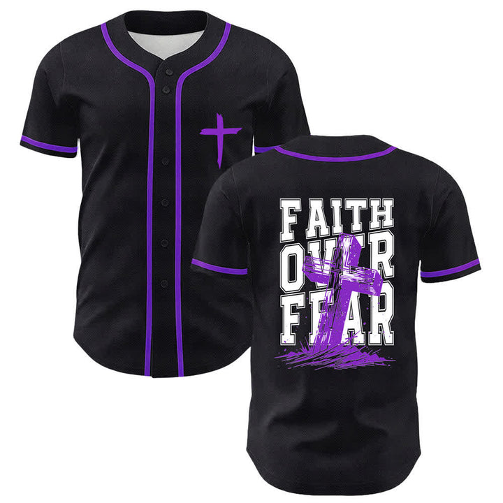 Christianartworkshop Baseballtrikot mit kontrastfarbenem Besatz: Glaube statt Angst - Lila - 5XL - image 49