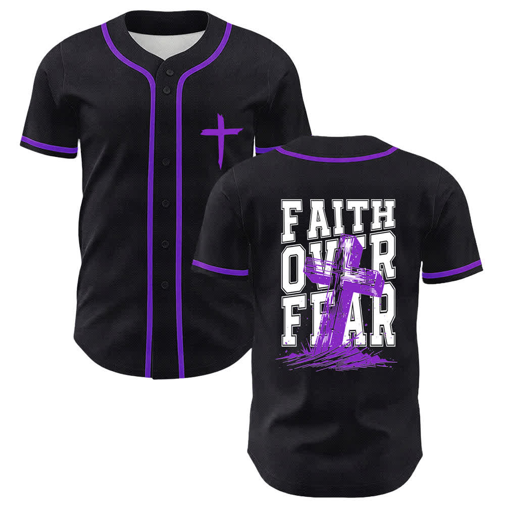 Christianartworkshop Baseballtrikot mit Kreuzkontrastbesatz: Glaube statt Angst - Lila - 5XL - image 49