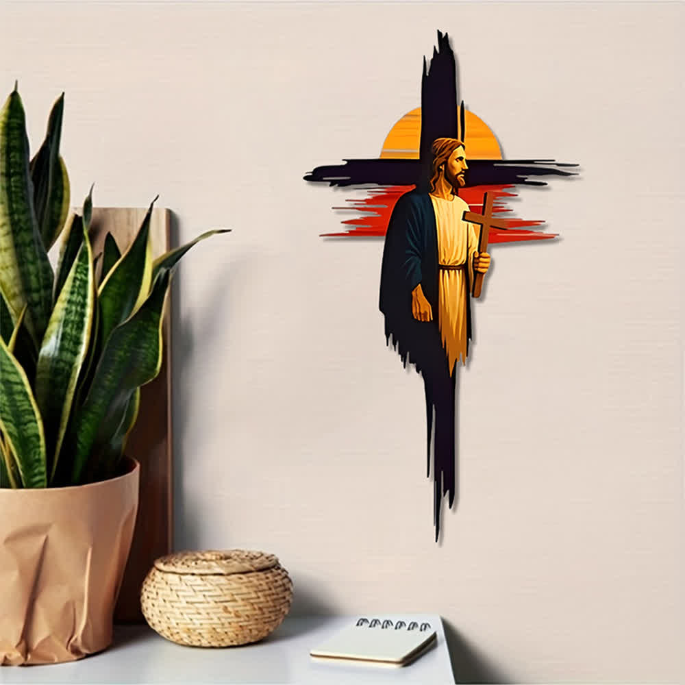 Christianartworkshop Pinselstrich-Kreuz Jesus Sonnenuntergangslandschaft Metall-Wanddeko: Zeitloses Symbol der heiligen erlösenden Gnade - image 1