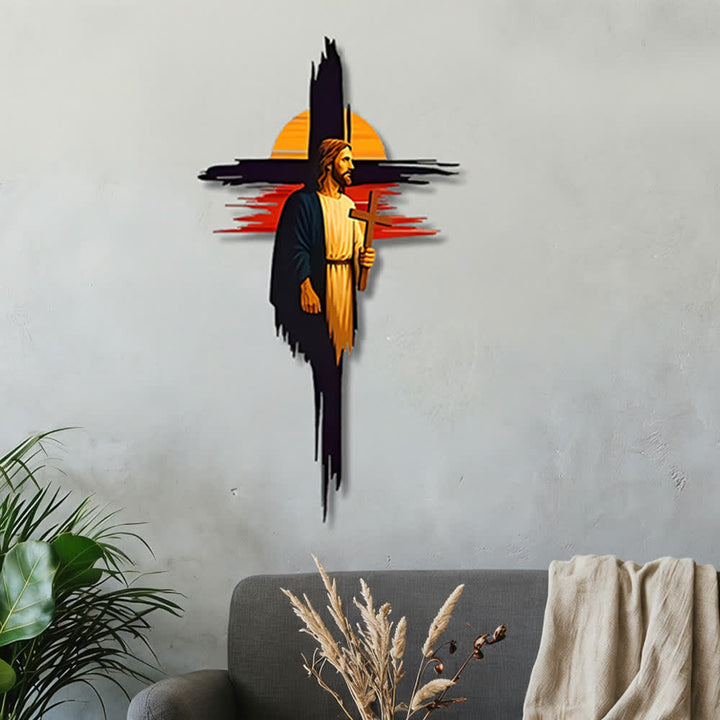 Christianartworkshop Pinselstrich-Kreuz Jesus Sonnenuntergangslandschaft Metall-Wanddeko: Zeitloses Symbol der heiligen erlösenden Gnade - image 3