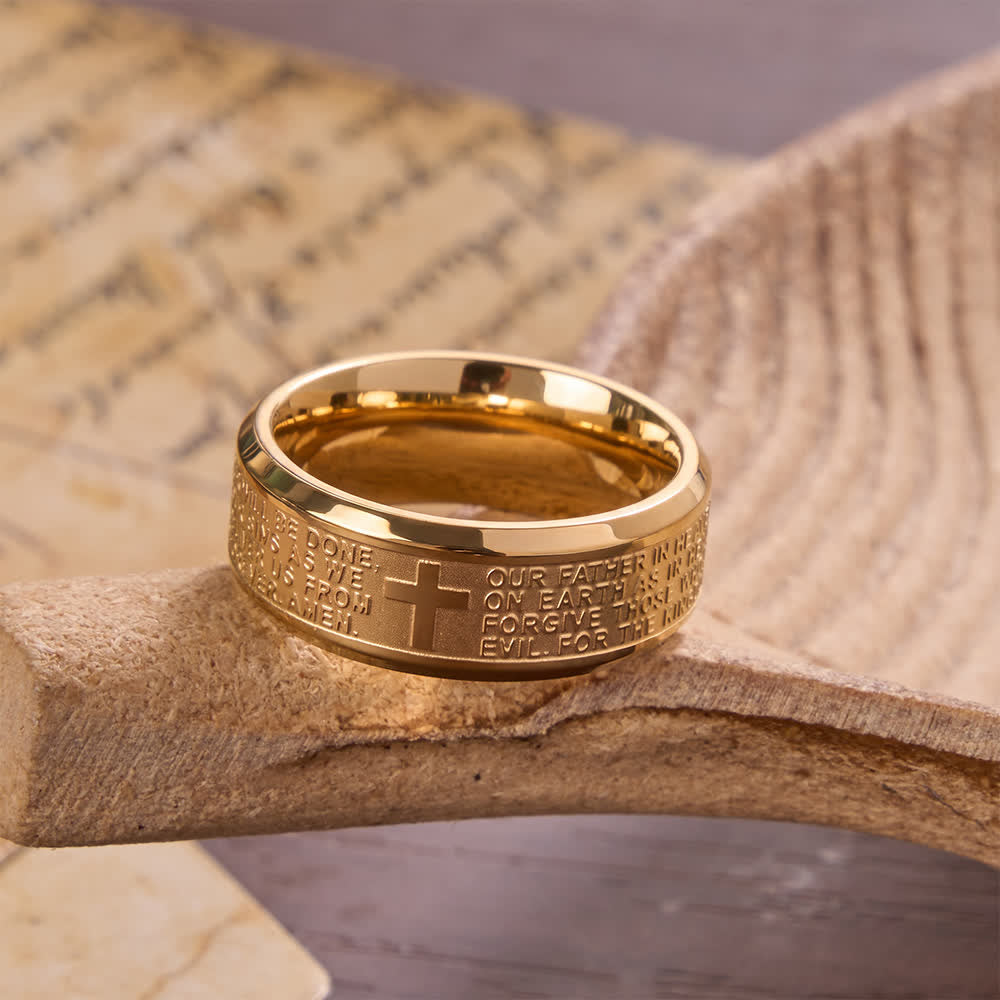 Christianartworkshop Ring aus Edelstahl mit tiefem Kreuz und Vaterunser: Symbol des unerschütterlichen Glaubens an den Himmel - Golden - US 13 - image 5