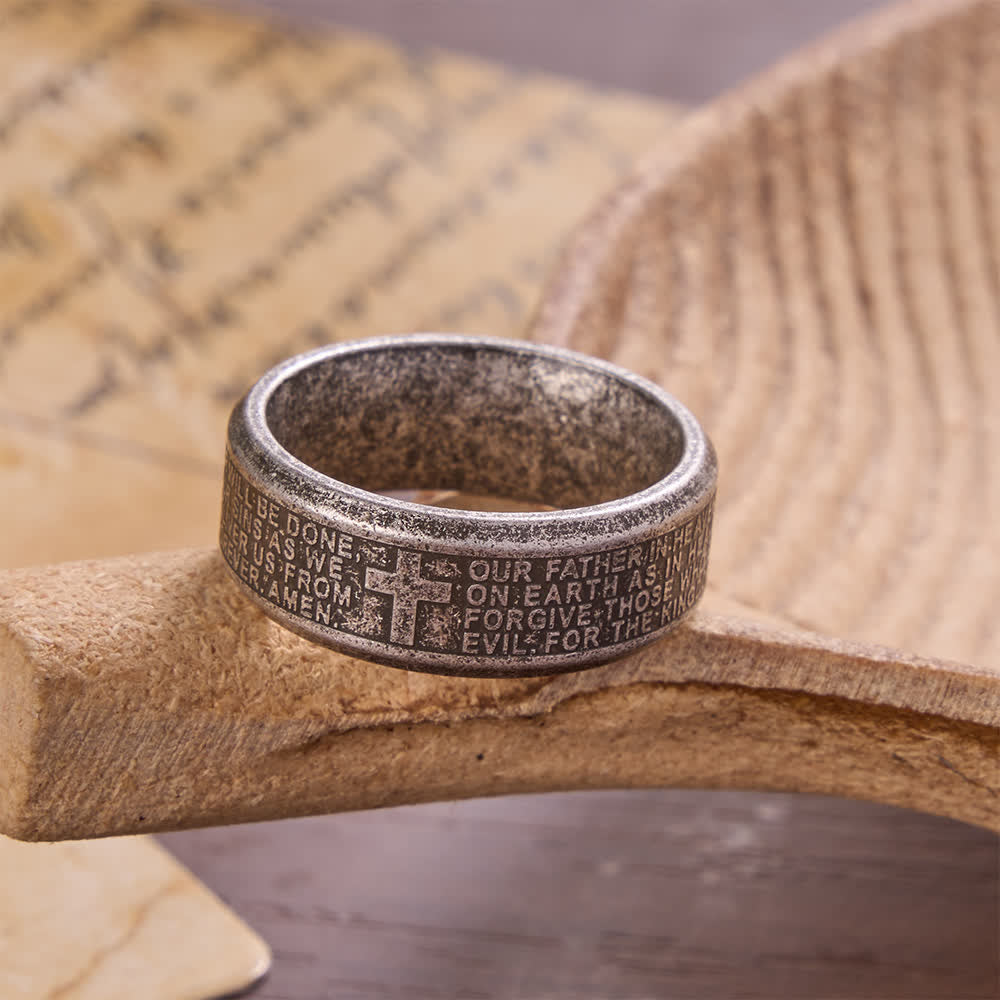 Christianartworkshop Ring aus Edelstahl mit tiefem Kreuz und Vaterunser: Symbol des unerschütterlichen Glaubens an den Himmel - Antikes Silber - US 13 - image 10
