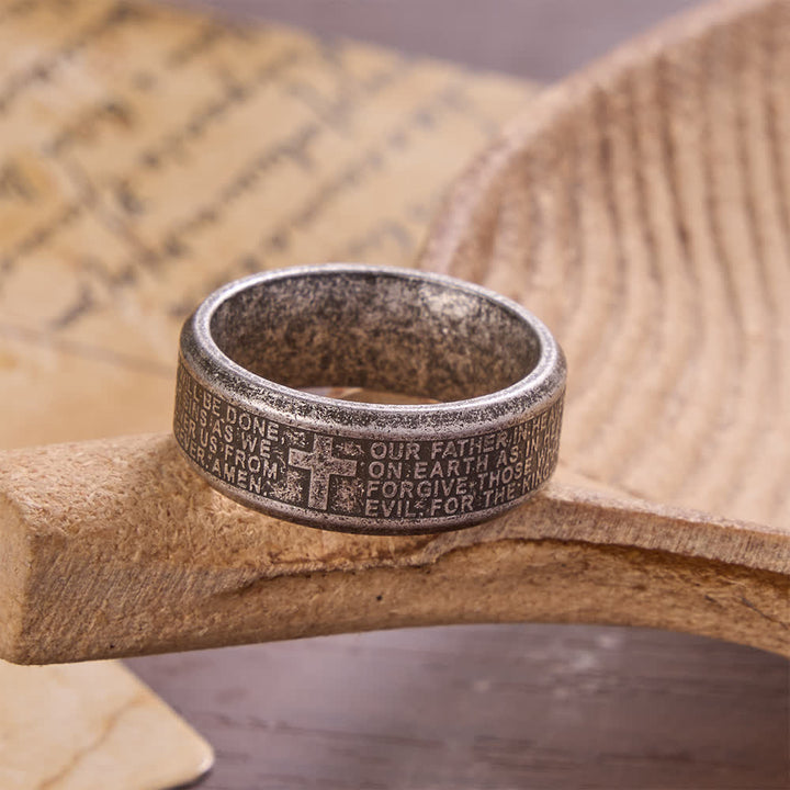 Christianartworkshop Ring aus Edelstahl mit tiefem Kreuz und Vaterunser: Symbol des unerschütterlichen Glaubens an den Himmel - Antikes Silber - US 13 - image 10