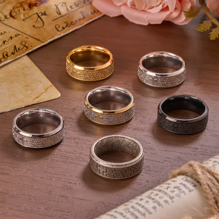 Christianartworkshop Ring aus Edelstahl mit tiefem Kreuz und Vaterunser: Symbol des unerschütterlichen Glaubens an den Himmel - image 0