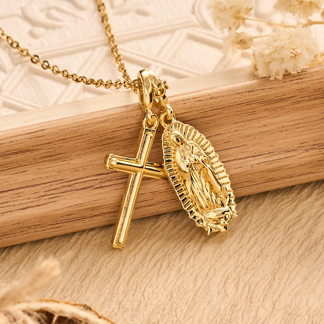 Christianartworkshop Halskette mit Anhänger in Form einer heiligen Figur: Symbol für friedvolle innere Meditation - Golden - Kreuz und Unsere Liebe Frau - image 3