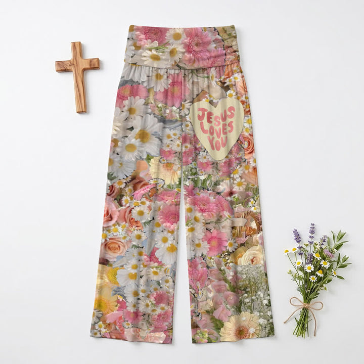 Christianartworkshop Palazzo-Hose mit weitem Bein und Blumenmuster „Jesus Loves You“ in Blush. - US22, UK/AU26, EU54 - image 0