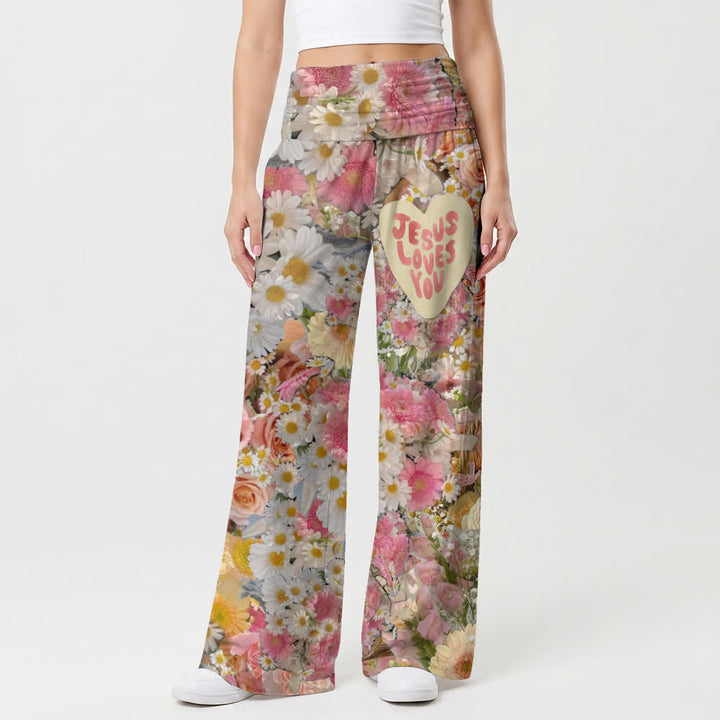 Christianartworkshop Palazzo-Hose mit weitem Bein und Blumenmuster „Jesus Loves You“ in Blush. - image 1