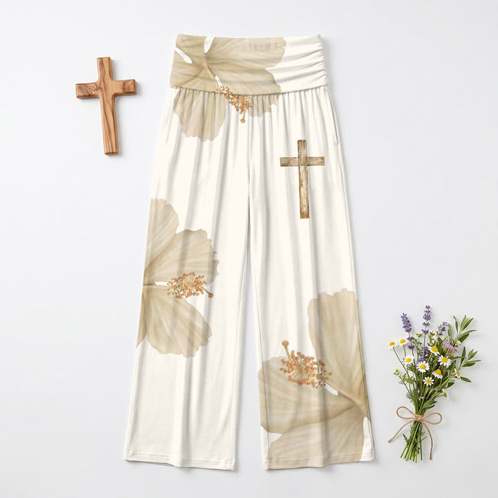 Christianartworkshop Beige Damenhose mit weitem Bein und fließendem Boho-Schnitt, floralem Kreuzmuster - US22, UK/AU26, EU54 - image 0