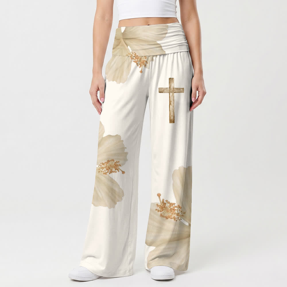 Christianartworkshop Beige Damenhose mit weitem Bein und fließendem Boho-Schnitt, floralem Kreuzmuster - image 1