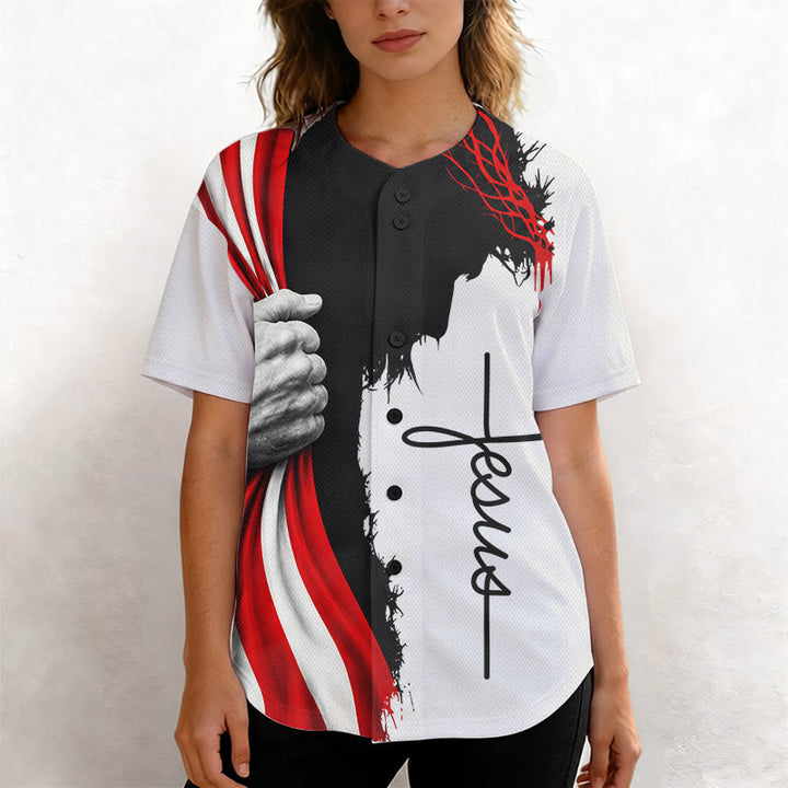 Christianartworkshop Patriotisches Unisex-Baseballtrikot mit Dornenkrone und Jesus-Silhouette - image 5