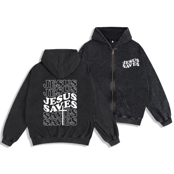 Christianartworkshop Jesus Saves Washed Street Zip-Up Hooded Jacket - Schwarz - 2XL - image 0