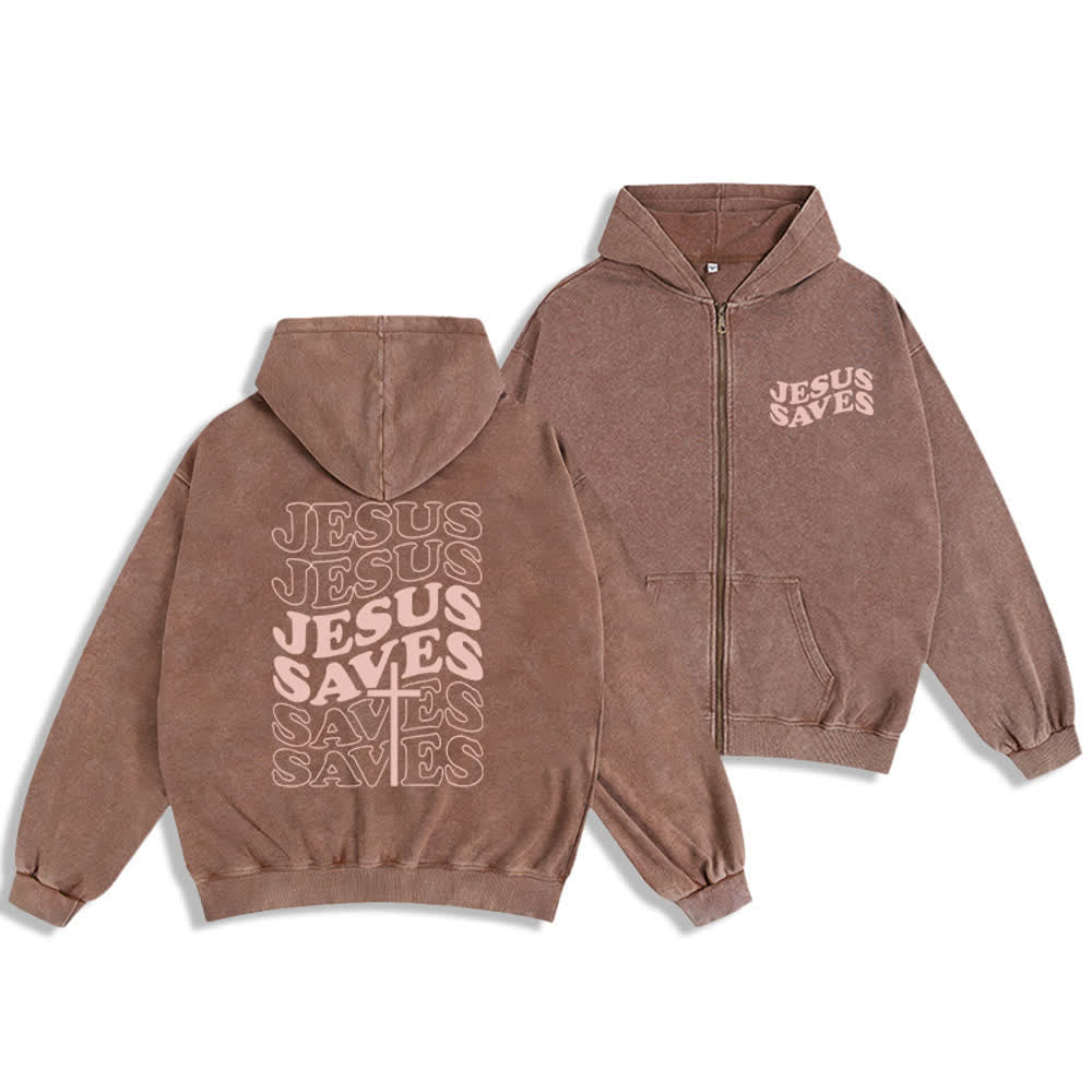Christianartworkshop Jesus Saves Washed Street Zip-Up Hooded Jacket - Braun - 2XL - image 6