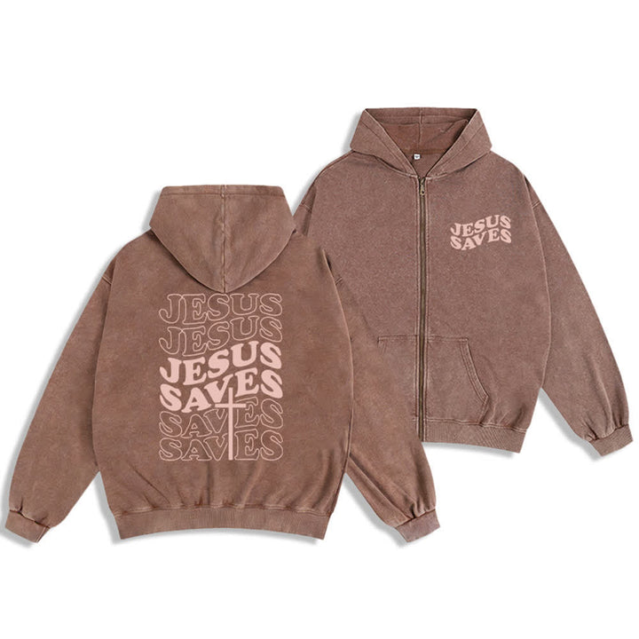 Christianartworkshop Jesus Saves Washed Street Zip-Up Hooded Jacket - Braun - 2XL - image 6
