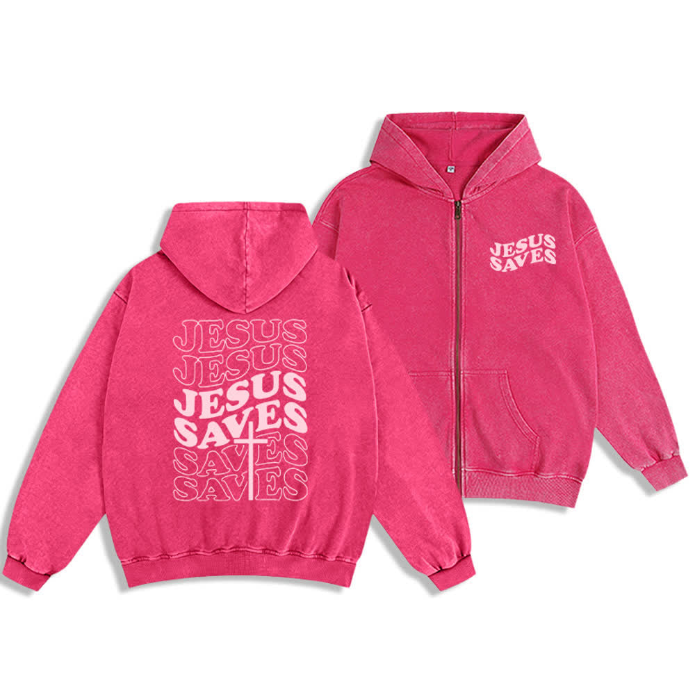 Christianartworkshop Jesus Saves Washed Street Zip-Up Hooded Jacket - Rosa - 2XL - image 9