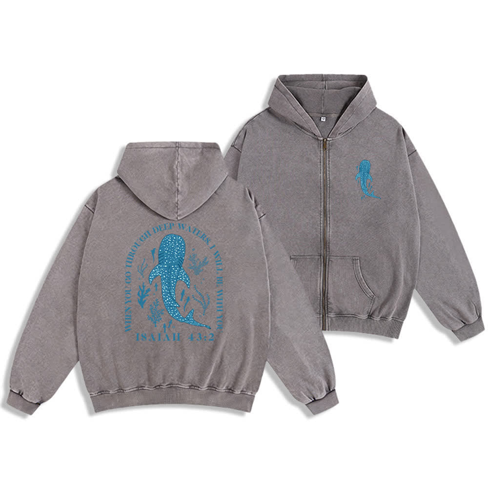 Christianartworkshop Gewaschene schwarze Jesaja 43:2 Walhai-Kapuzenjacke mit Reißverschluss - Grau - 2XL - image 3