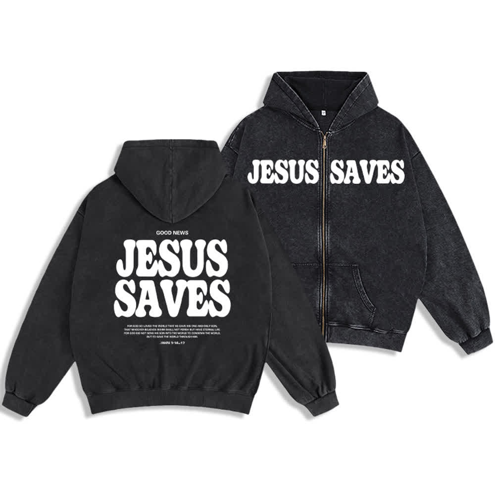 Christianartworkshop Jesus Saves Washed Oversized Streetwear Kapuzenjacke - Schwarz - 2XL - image 3